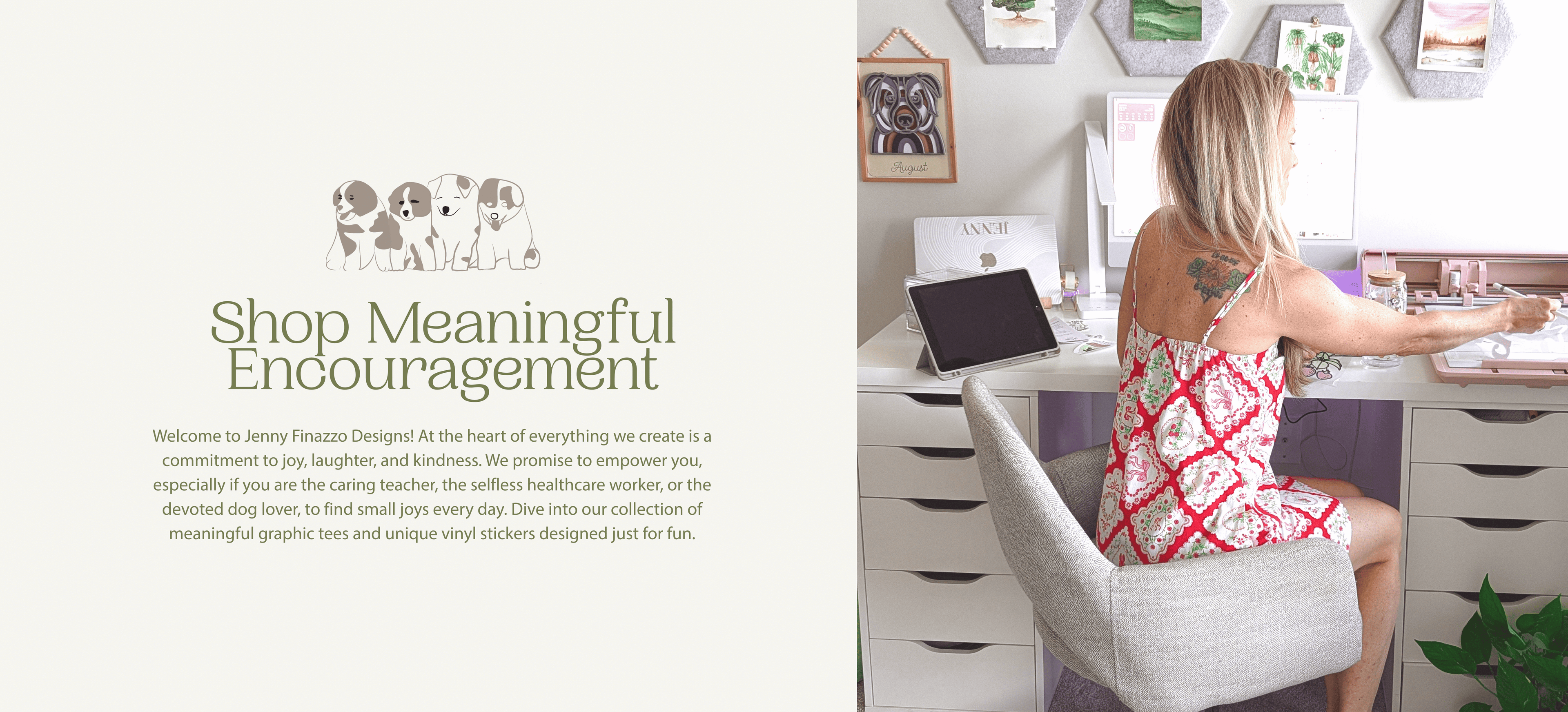 Designer working on uplifting designer stickers and positive message apparel to spread joy. Shop now designer stickers and graphic tees.